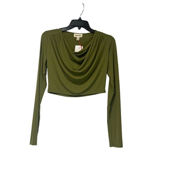 Open Edit Cowl Neck Long Sleeve Crop Top, Olive Sphagnum, XS - Picture 5 of 10